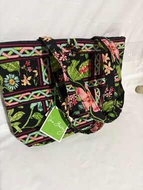 Vera Bradley Black Floral Quilted Tote with Pink & Green Accents